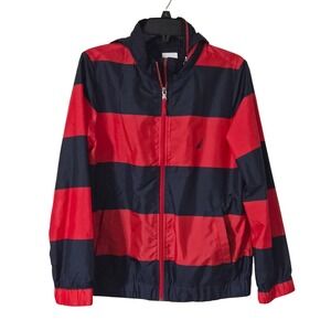Nautica Men's Red Navy Striped Hooded Windbreaker Jacket Medium Coastal Prep